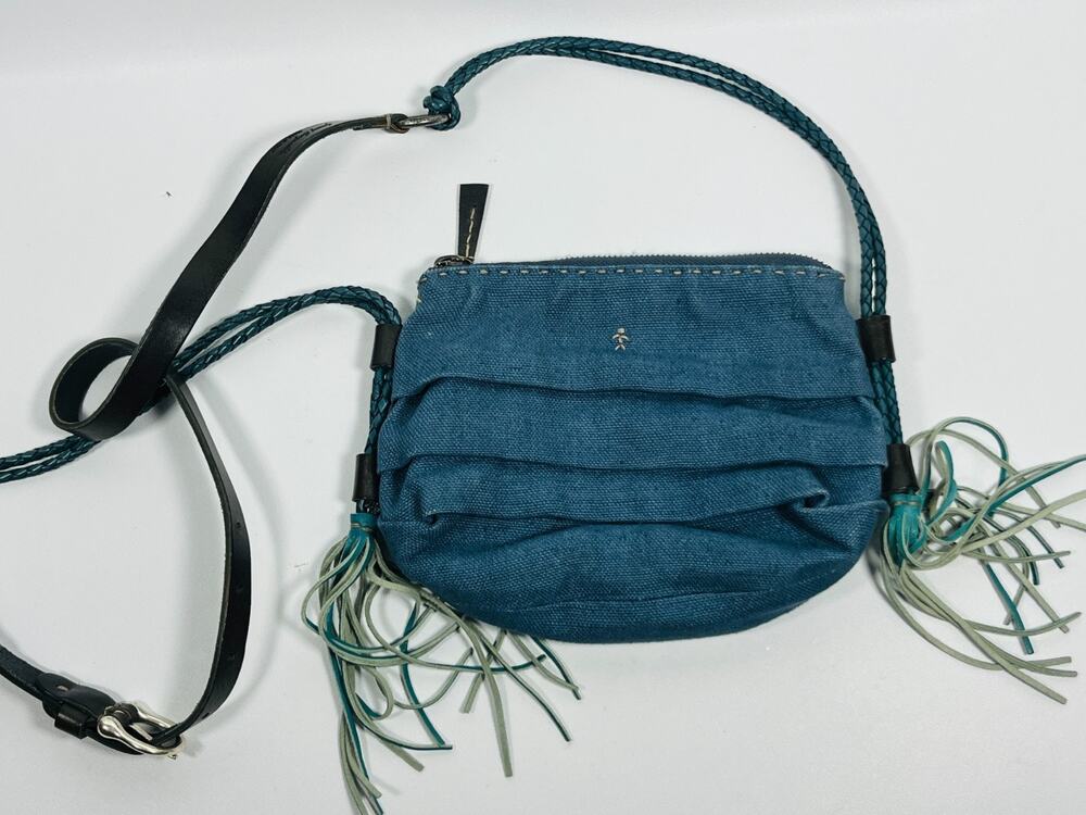 HENRY BEGUELIN Bag Canvas Pleated Tassel Braided Crossbody Slingbag Blue Italy